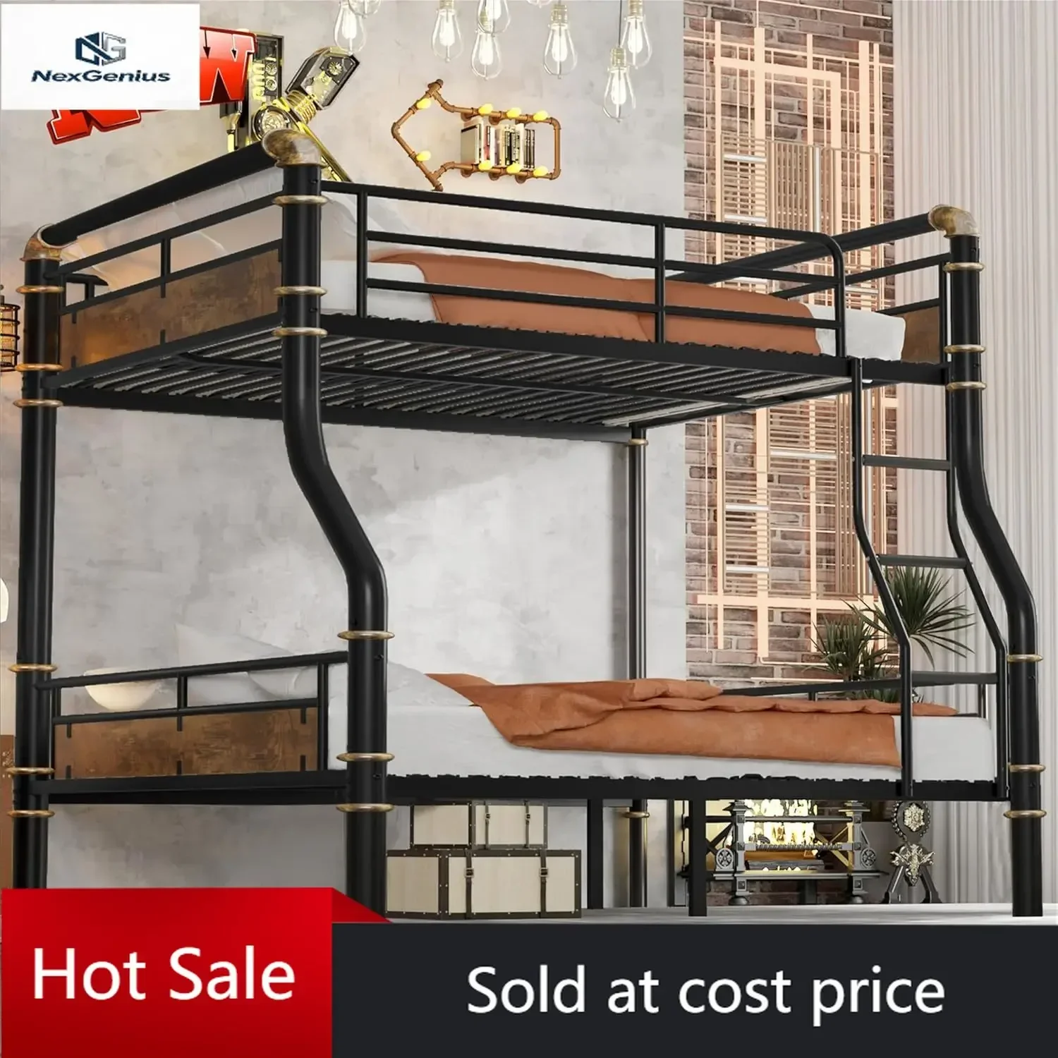 Upgraded Version Thicken Metal Full Over Queen Bunk Bed, Best Industrial Style Heavy Duty Bunk Bed, Convertible into 2 Beds/Wood