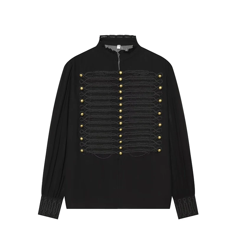 YENKYE Sexy Women Black Chiffon Shirt Vintage Military Style Front Button Braided Long Sleeve Blouse Sem-Sheer Tops