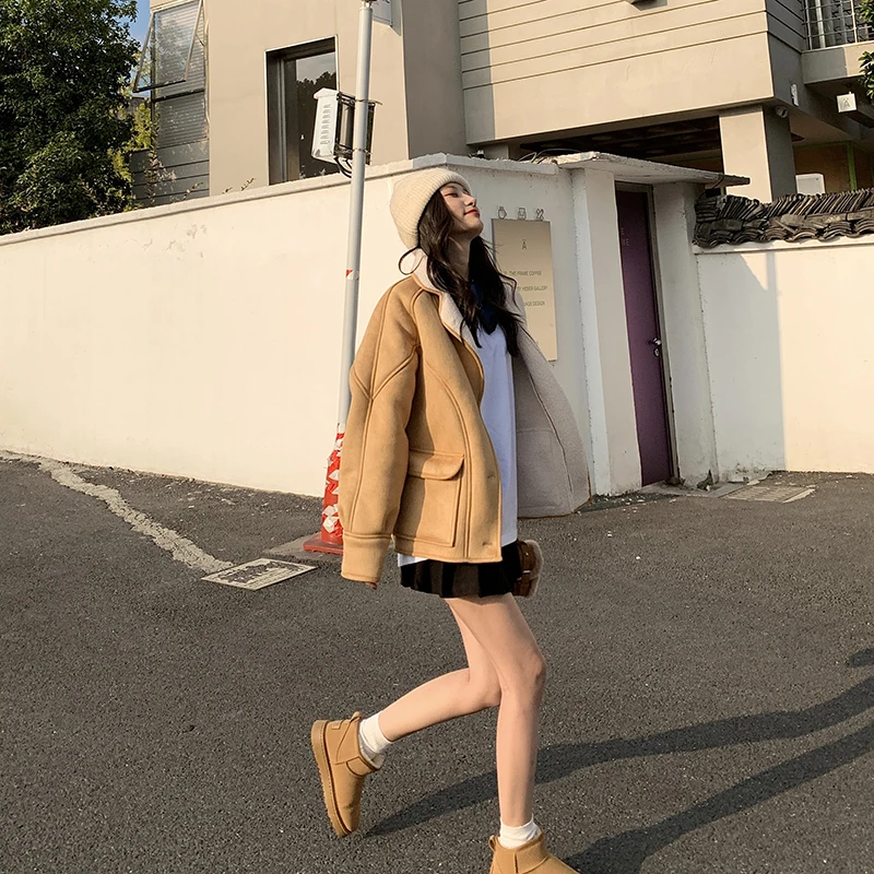 

Jacket Brown Yellow Women's Mid-Length Thickened Warm Casual Loose Suit Collar Winter Imitation Lamb Plush Three-Button Straight