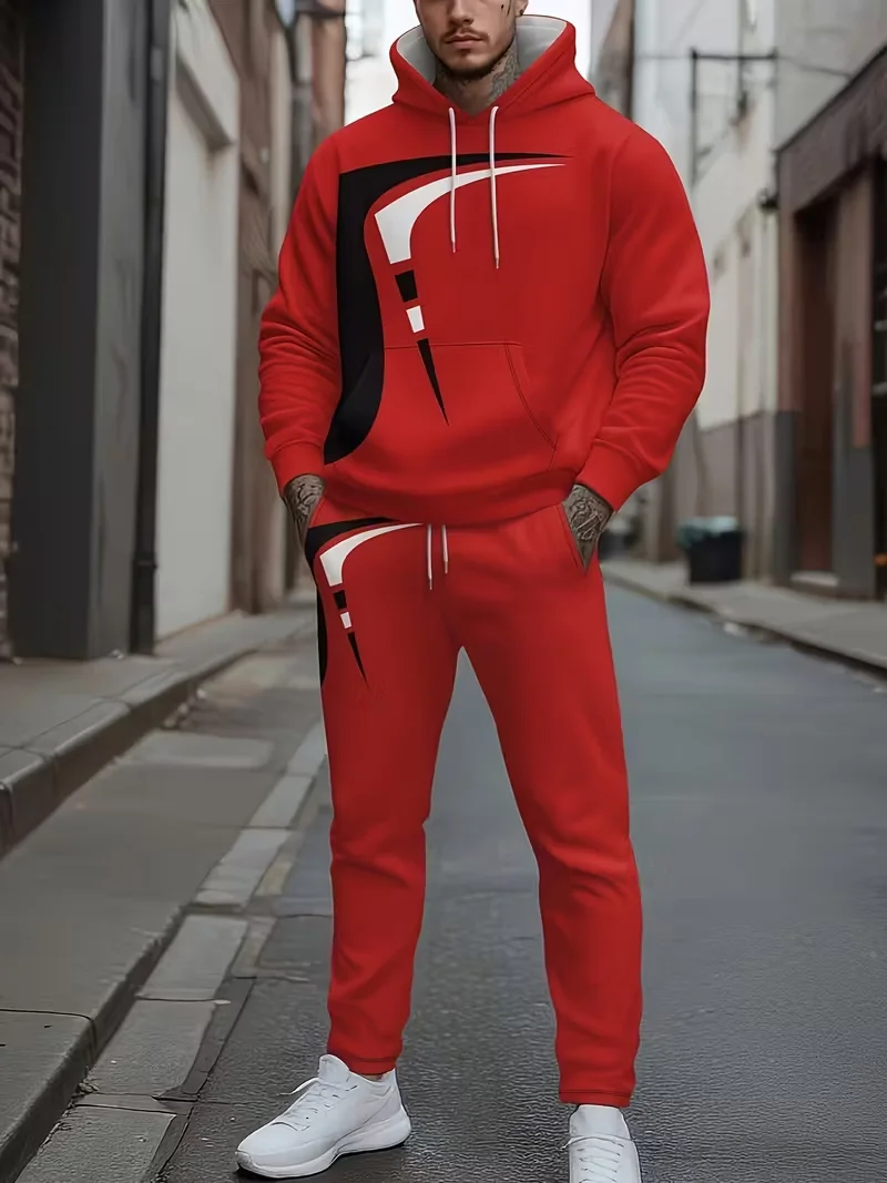 Jesienno-zimowe męskie zestawy dresowe, modne bluzy z kapturem i spodnie w paski, luźny strój sportowy na zewnątrz, 2-częściowy komplet.