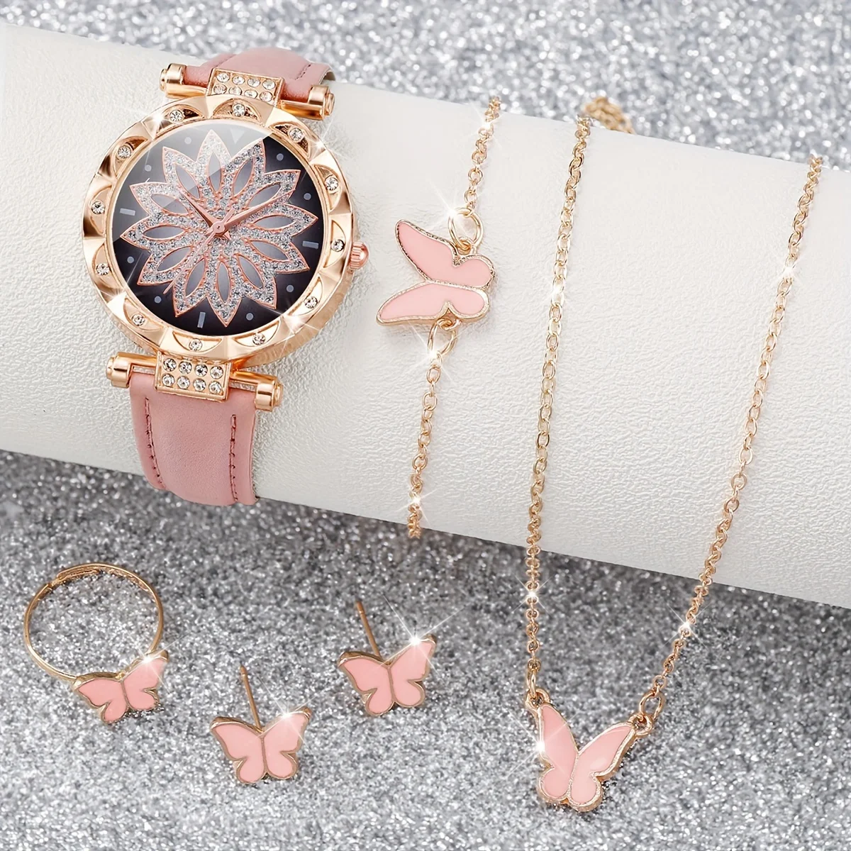 6pcs/set Luxury Rhinestone Flower Quartz Watch & Butterfly Jewelry Set for Women - Perfect Gift for Mom and Her Special Occasion