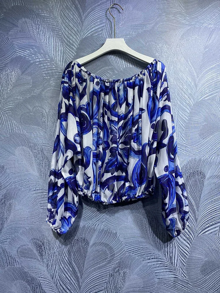 

High Quality Summer Women Fashion Runway Silk Shirt Sexy Slash neck Blue And White Porcelain Print Tops Loose Shirts