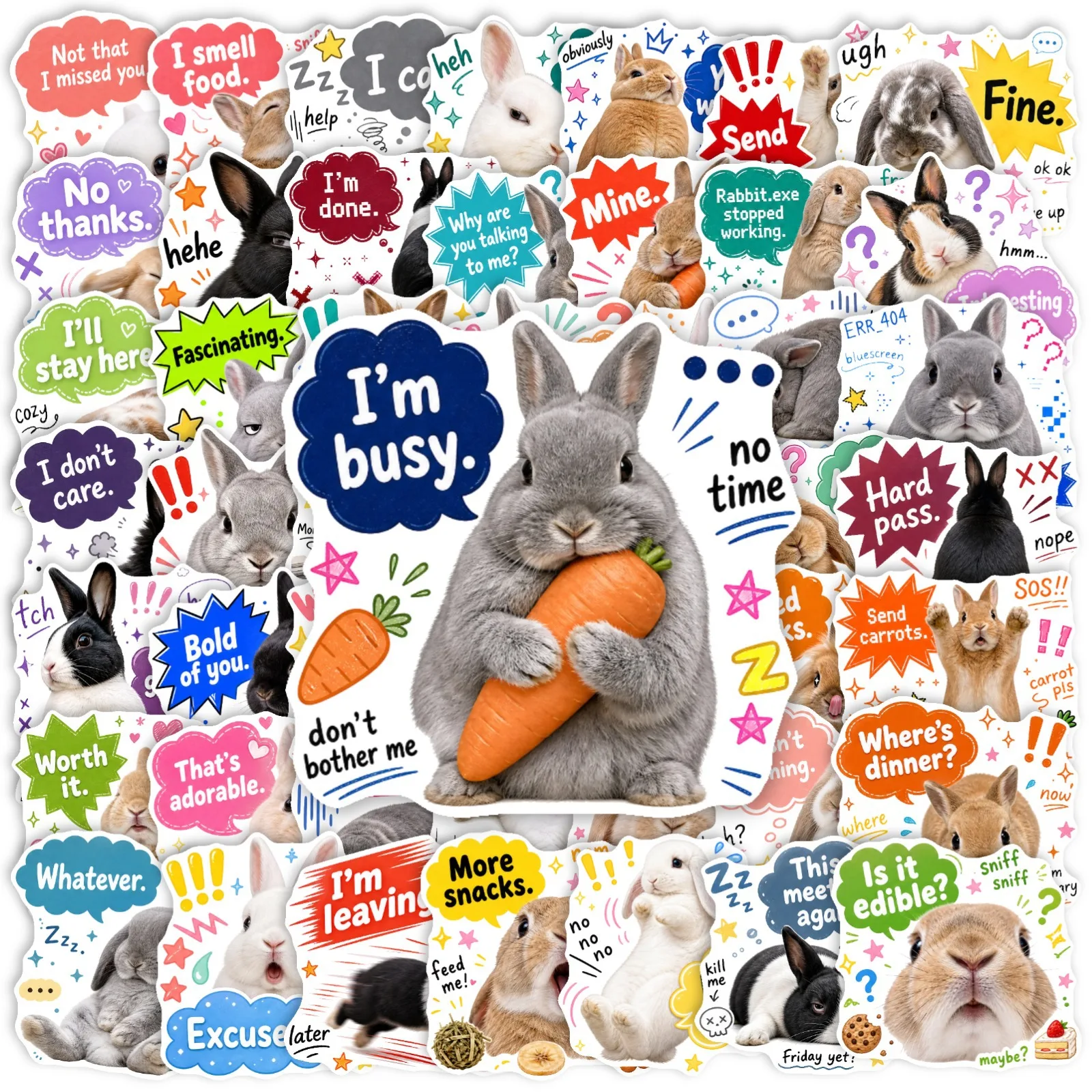 50 PCS Fun Rabbit Personified Expression Funny Text Stickers Pack Decorate Luggage Guitar Scrapbook Pencil Case Vinyl Decals