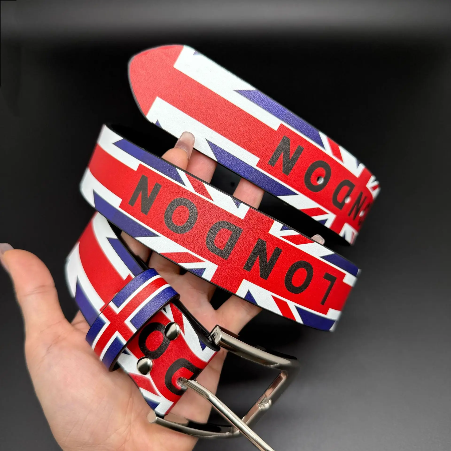 Designer belt, women's high-quality black leather belt, men's belt, British flag, large metal belt buckle, enlarged size belt, 1