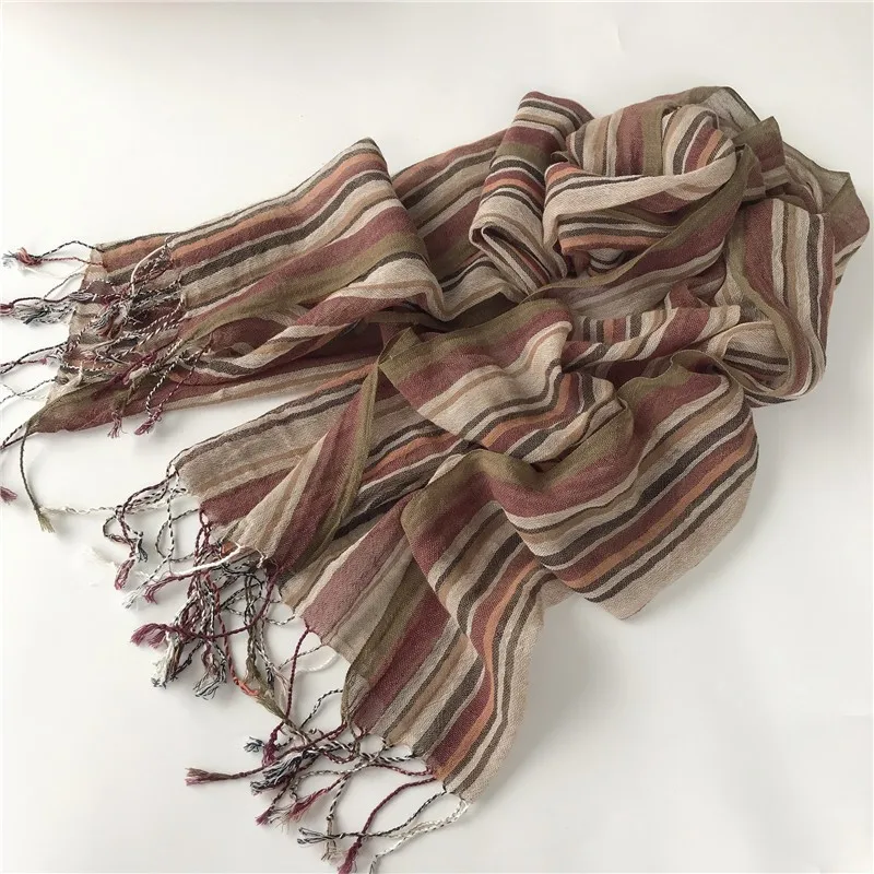 Stripe Linen Flax Tassel Scarf Women Foulard Summer Travel Long Shawl Lady Elegant Hijab 60*200CM