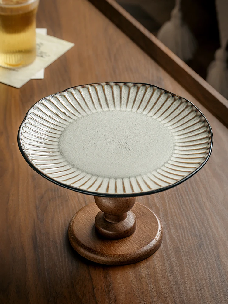 

Vintage Wooden Fruit Tray High Footed Ceramic Snack Plate for Home Decor Housewarming Gift