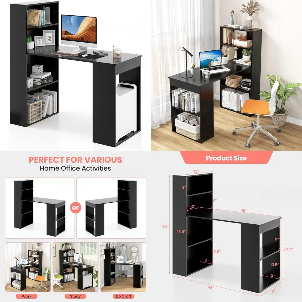 Compact Reversible Computer Desk 48 Inch with Storage Shelves, Bookshelf, and CPU Stand for Study and Writing