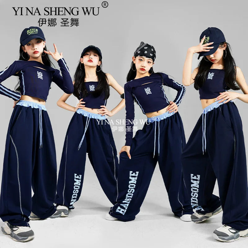 

Укороченные топы в стиле хип-хоп для девочек, спортивные буквы, спортивные штаны, детский комплект уличной одежды K-pop, детская спортивная одежда, уличная одежда