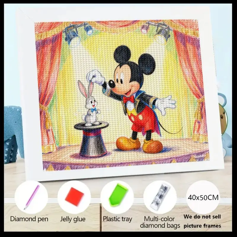 

1PC Mickey Mouse Magician 5D Full Drill Diamond Painting Kit, DIY Cute Cartoon Magic Show with Rabbit & Top Hat, Sparkling Cryst