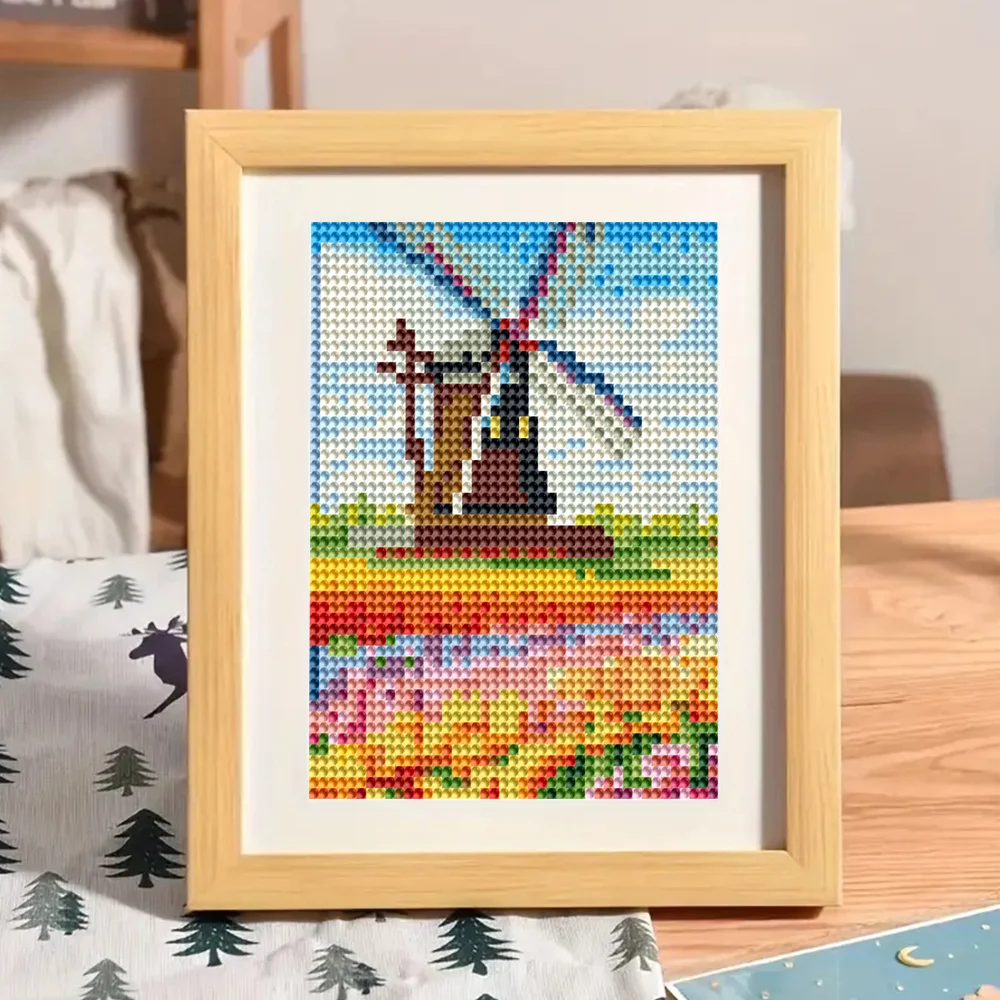 Huacan 12pc New Arrivals Mini Diamond Painting Landscape Windmill Mosaic Cartoon House Handmade Hobby Art Wall Decor