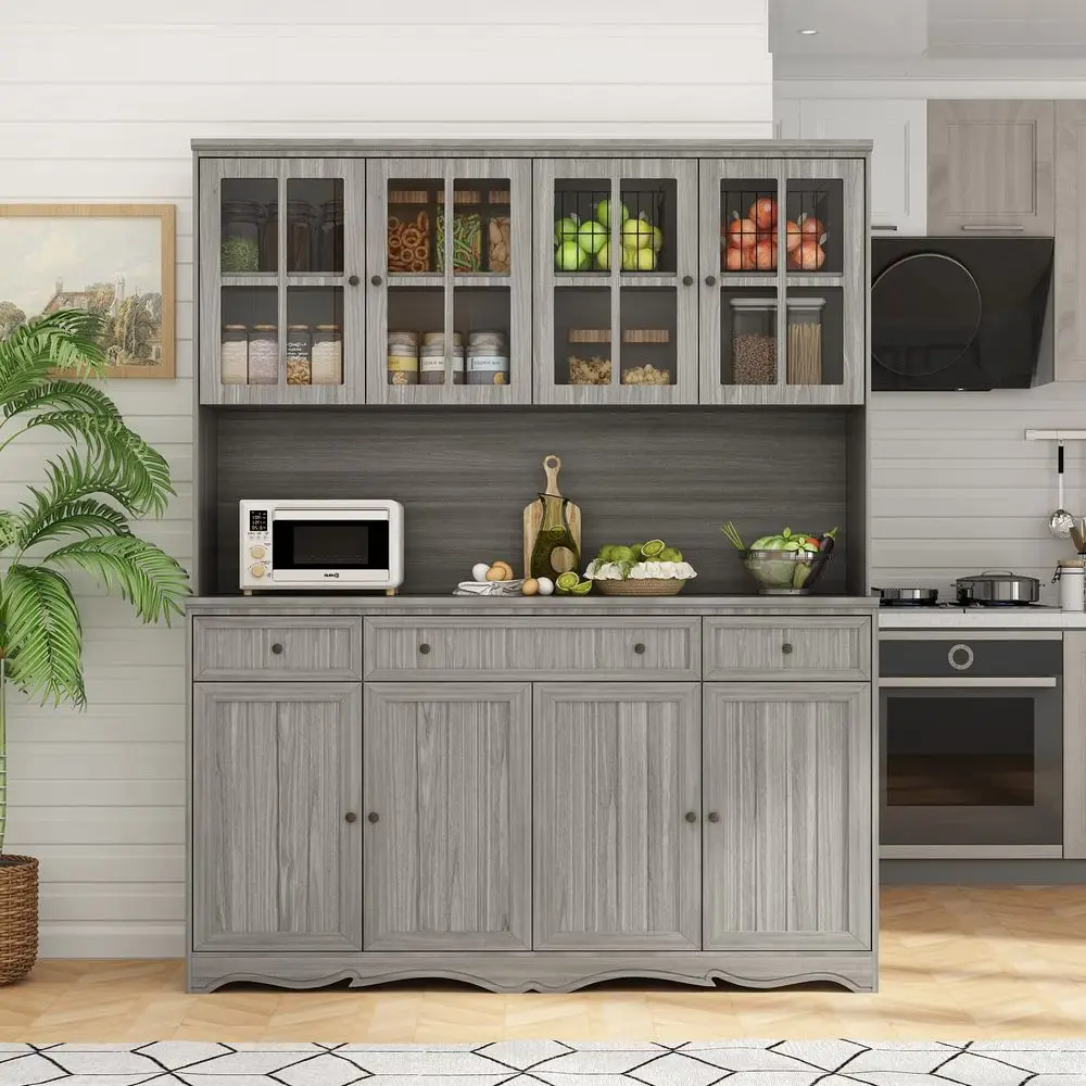 

Large Kitchen Hutch Cabinet, Storage Cupboard Pantry with Glass Doors, Drawers amp Countertop, Floor Kitchen Pantry Storage Cab