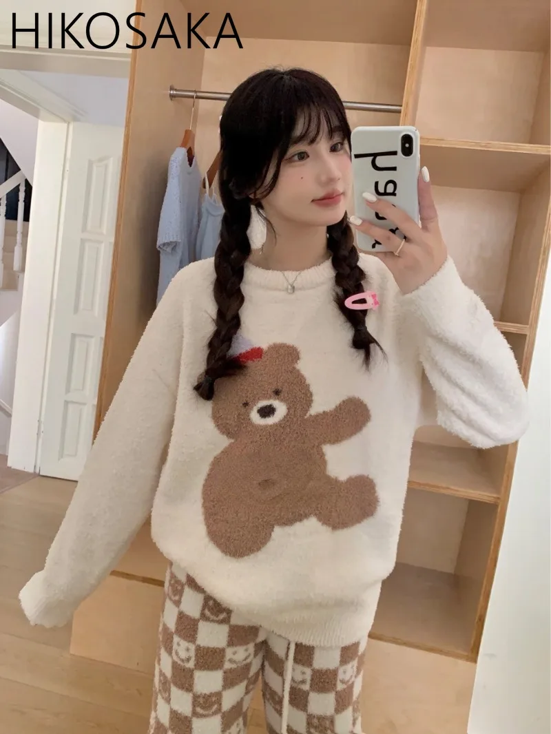 Weiche bequeme Plüsch Herbst Winter Pyjamas Kawaii Bär Langarmhose Homewear lässige Outdoor Nachtwäsche Frauen Anzug