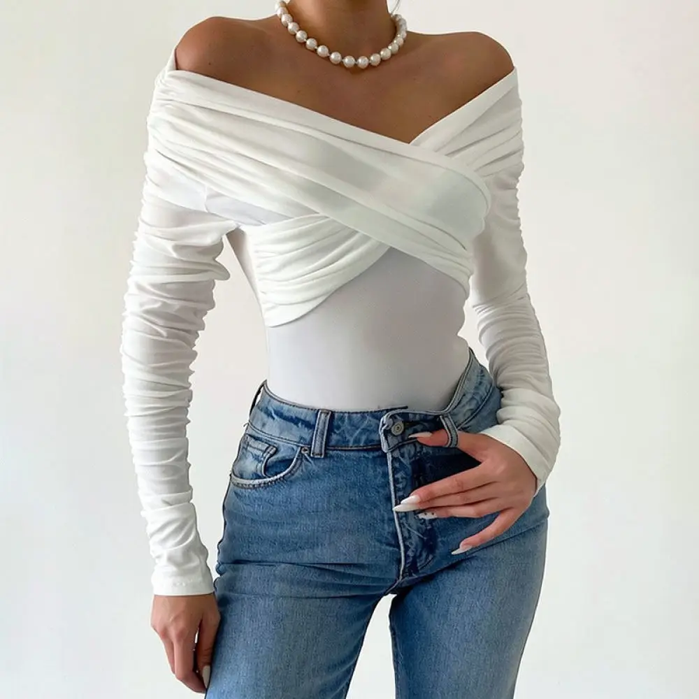 Chic Off Shoulder Long Sleeve Bodysuit Ruched Slim Fit Jumpsuit Sexy High Waist Tops Spring Trendy Women Streetwear Apparel