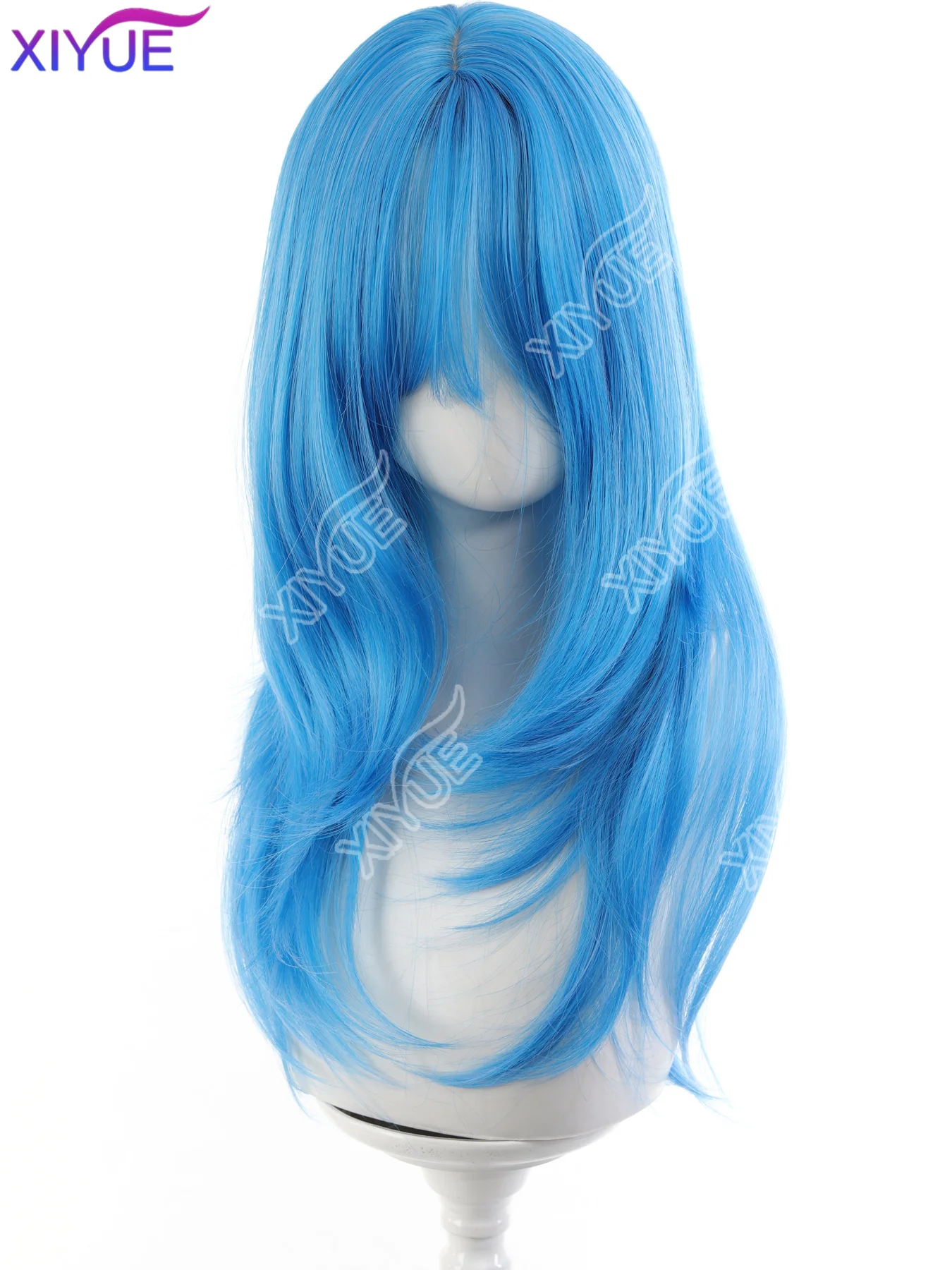 XIYUE Synthetic Long Straight high-level Wigs Light Blue with Cosplay Wig with Bangs for Women Natural Hair Heat Resistant Fiber