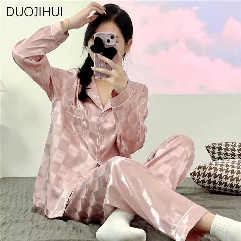 DUOJIHUI-Pijama informal de dos piezas para mujer, cárdigans básicos de manga larga, pantalones simples, conjuntos de pijamas femeninos a la moda, color rosa