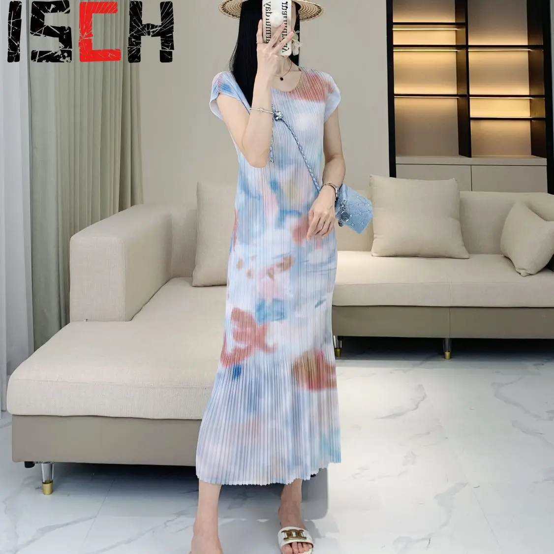 

Pleats Pleated Dress New Summer Pleats A Word Printed Dress Sweet Temperament Slim Thin Medium-length Dress Female Skirt