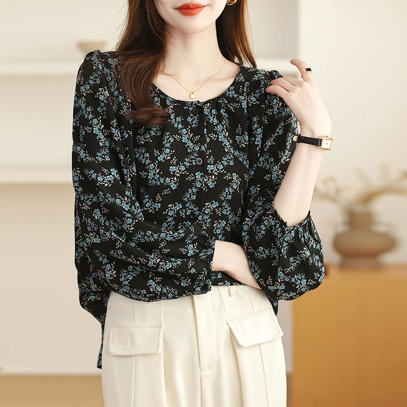 Women Summer Korean Loose Fashion Floral Chiffon Polo-Neck Long Sleeve Shirts Women Clothes Casual Temperament All-match Tops