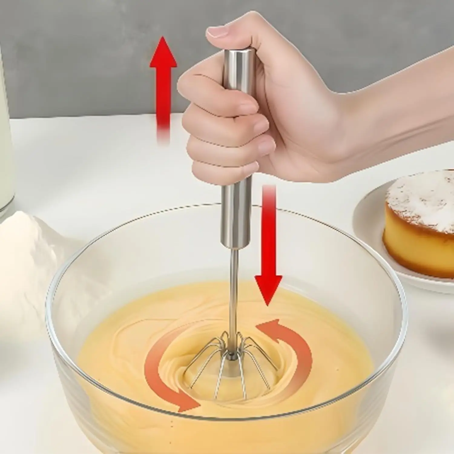Stainless Steel Semi-Auto Egg Mixer, Rotating Press Whisk for Eggs, Cream, Milk – Home Kitchen Baking Tool