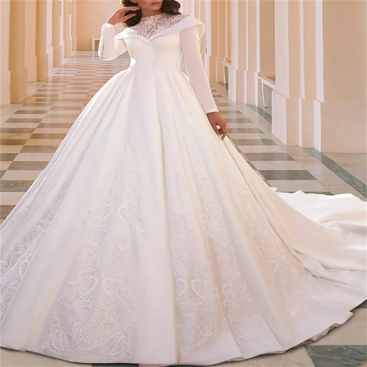 

A-Line Wedding Dresses Formal Long Sleeve Jewel Neck Satin With Lace Pleats Extravagance Bridal Gowns Engagement 2024 Court New