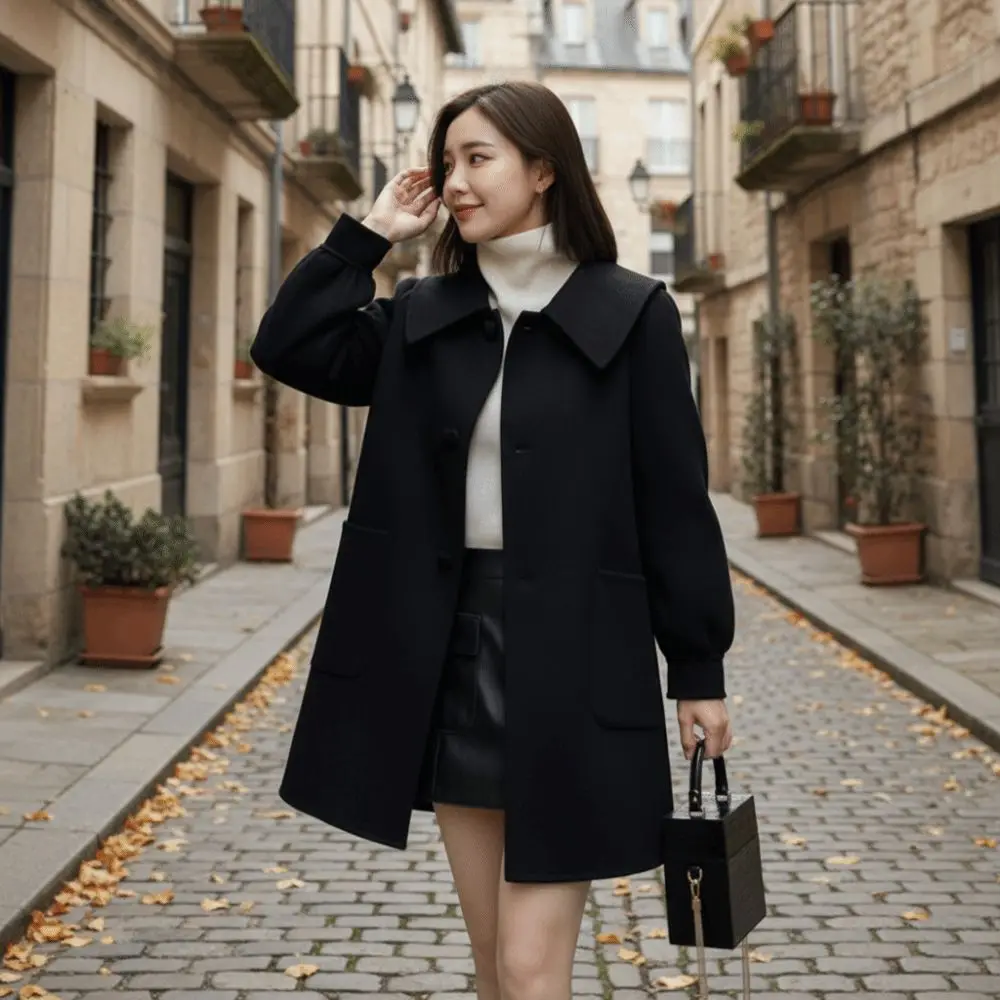 

Mid Length Woolen Coat Women Flip Collar Chic Long Sleeve Cardigan Heart-shaped Buckle Autumn Winter Windproof Coats Spring