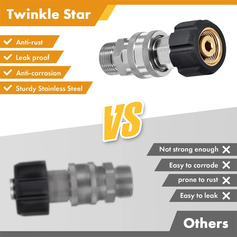 Werkzeug-Adapter-Set für tägliche Hochdruckreiniger, Schnellanschlusssatz, M22, 14 mm/15 mm auf 3/8 Zoll, metrische Anschlüsse, Edelstahl – Detail 4