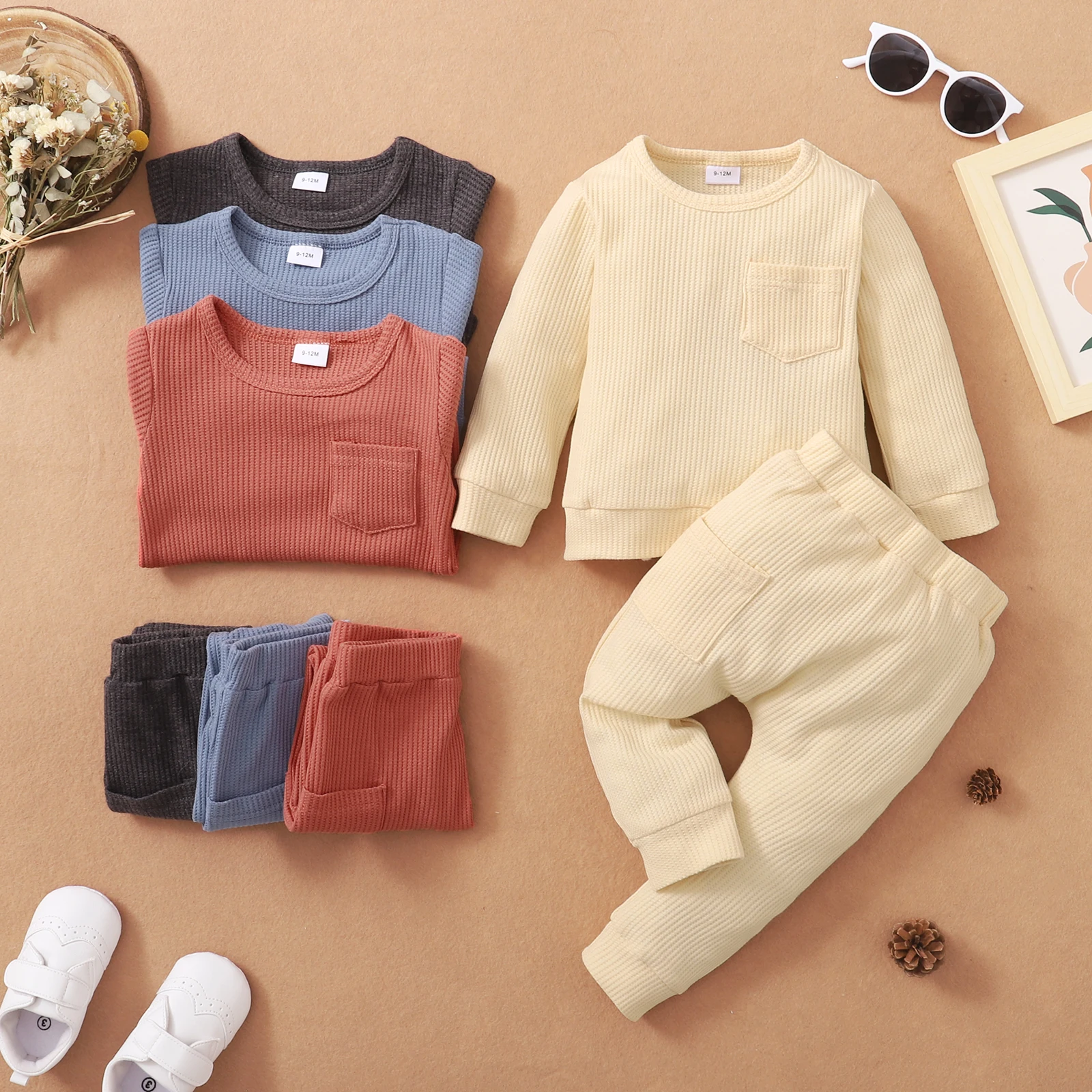 

Baby 2pcs Cotton Waffle Solid Long-sleeve Pullover Set