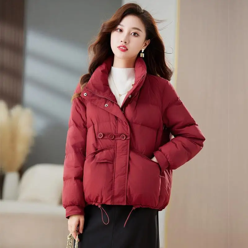 

Высококачественная женская зимняя футболка-пуховик Jaet White Du down Thiened с воротником-стойкой и пуговицами Faionable Sweet And Sal Sle