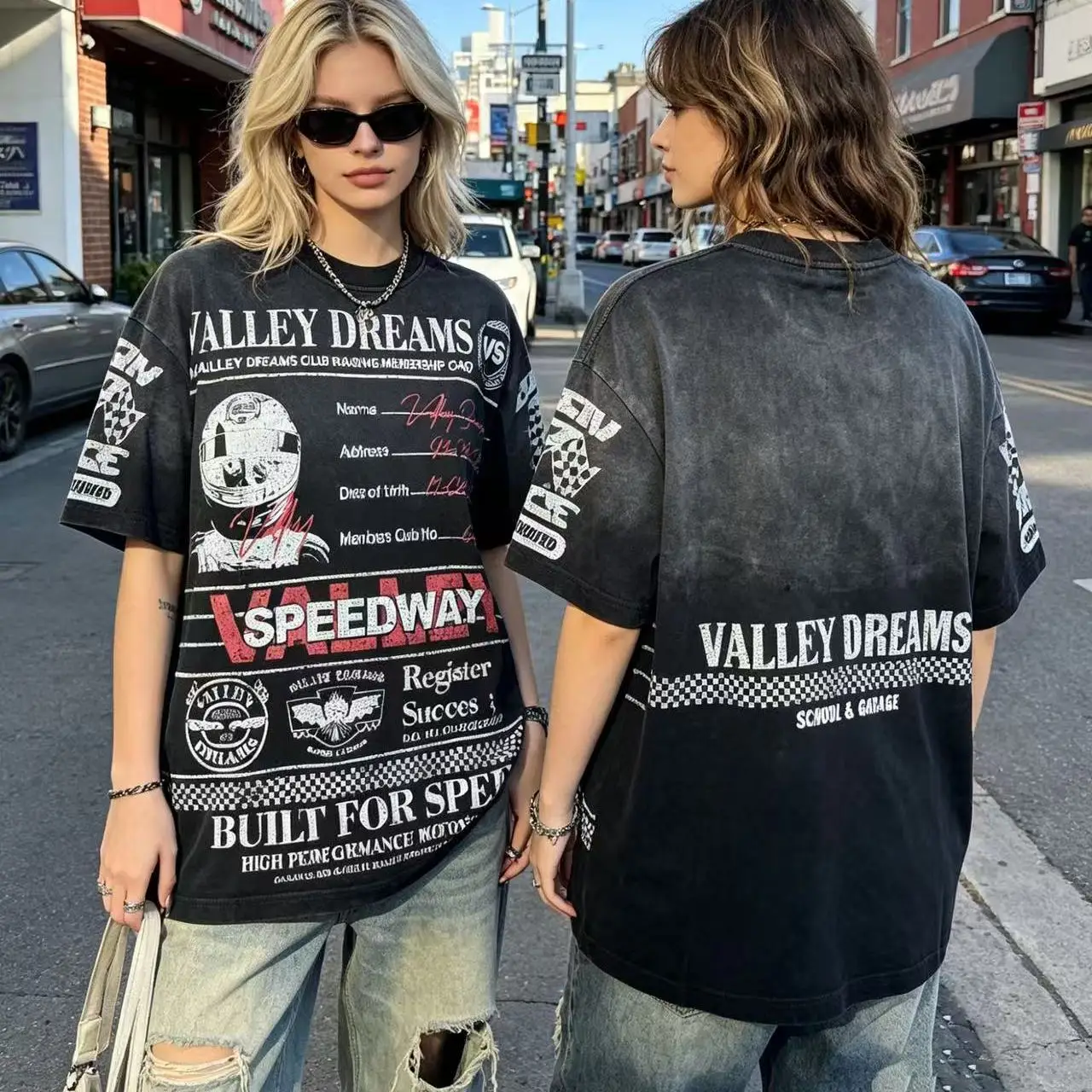Vale Valley American Retro Washed Print Cotton Short Sleeve T-Shirt Street Style Summer High Street Unisex Loose Fit round Neck