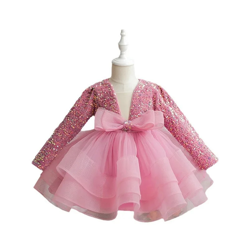 Hot Selling Girl's Birthday Party Show High-end Performance Dress Fluffy Gauze Long Sleeved Sequin Princess Dress