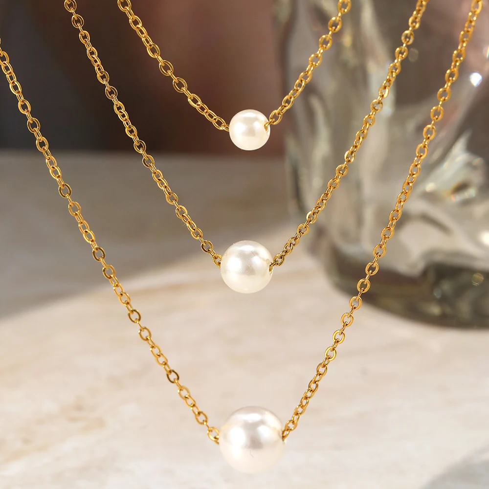 Stainless Steel Necklaces Baroque Style White Imitation Pearl Multilayer chain Simplicity Fashion Necklace For Women Jewelry Gif