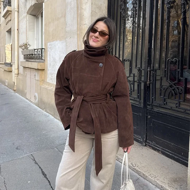 Damen Wildlederjacken mit Rollkragen, seitlicher Knopfleiste, langen Ärmeln und Gürtel – Herbst Streetwear mit Epauletten, einfarbig, locker geschnitten, neu – Detail 5