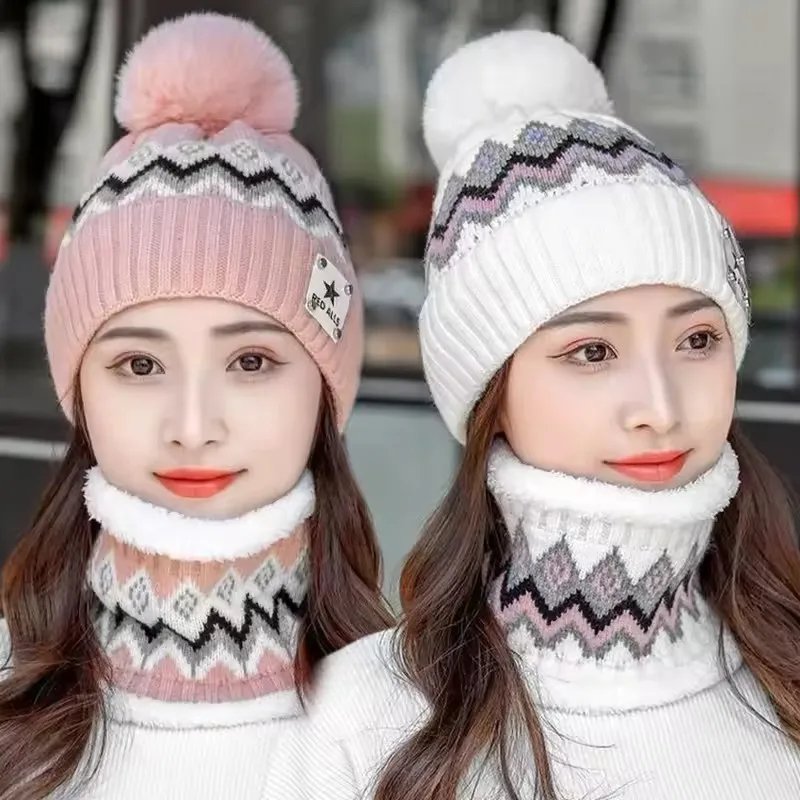 2PCS Winter Plush Warm Scarf Hat Set for Women Velvet Windproof and Cold Proof Ear Protection Outdoor Bicycle Commuting Set