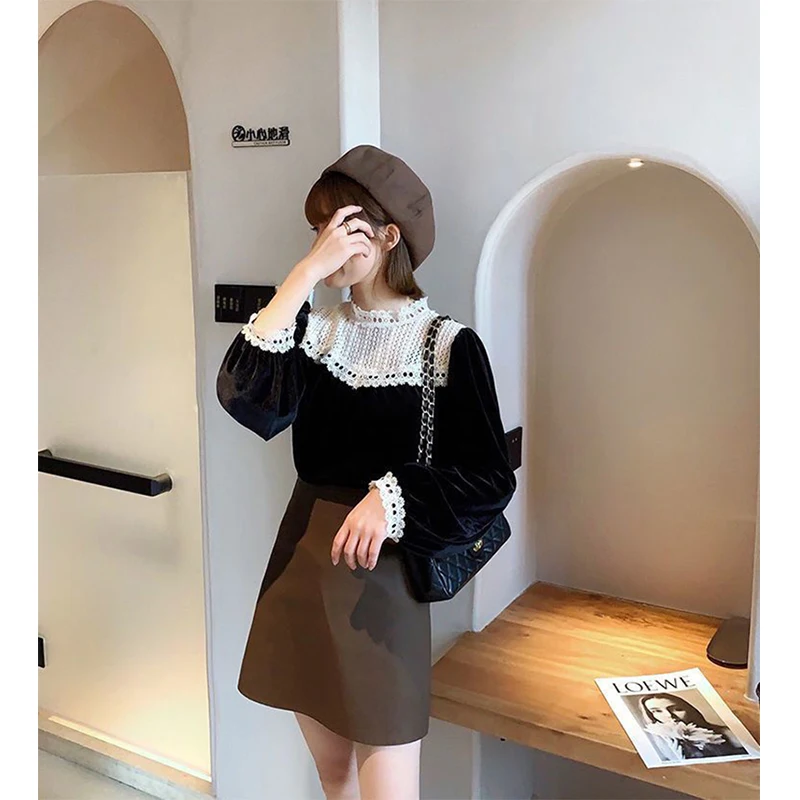 MEXZT Vintage Velvet Shirts Women Elegant Lace Patchwork Blouses Office Ladies Korean Long Sleeve Chic Tops Autumn Winter New