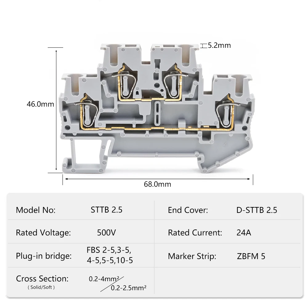 STTB 2.5 DIN كتلة طرفية للسكك الحديدية 50 قطعة، طبقة مزدوجة 2.5 مم 2 مشبك زنبركي موصلات كهربائية مدمجة للصناعة