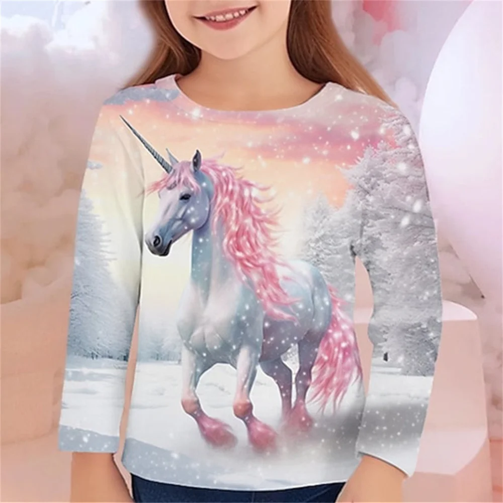 Girl Clothes Horse Graphic T Shirts Children Long Sleeve Top 2024 Girl Summer Child Baby T-Shirt Children\'s Clothing Girls Tees