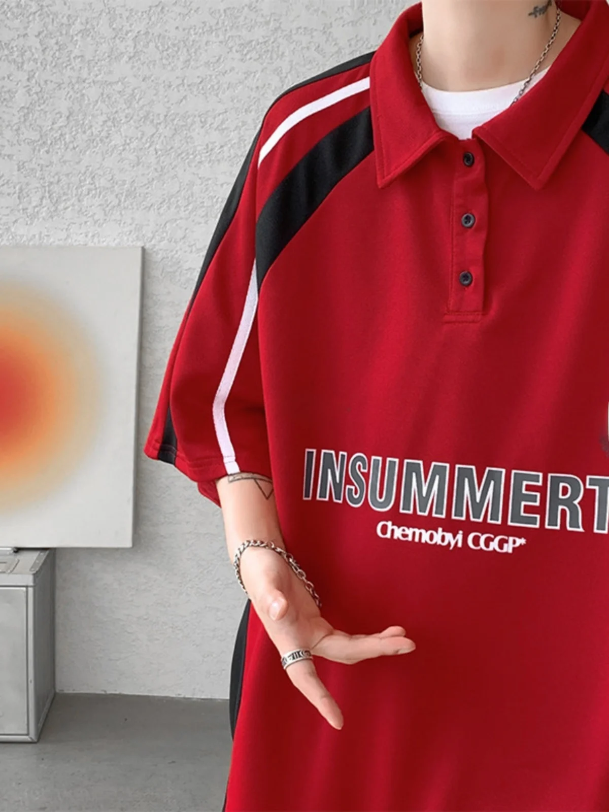 

Летняя мужская модная рубашка оверсайз с отложным воротником, красная, в американском уличном стиле, молодежная, трендовая