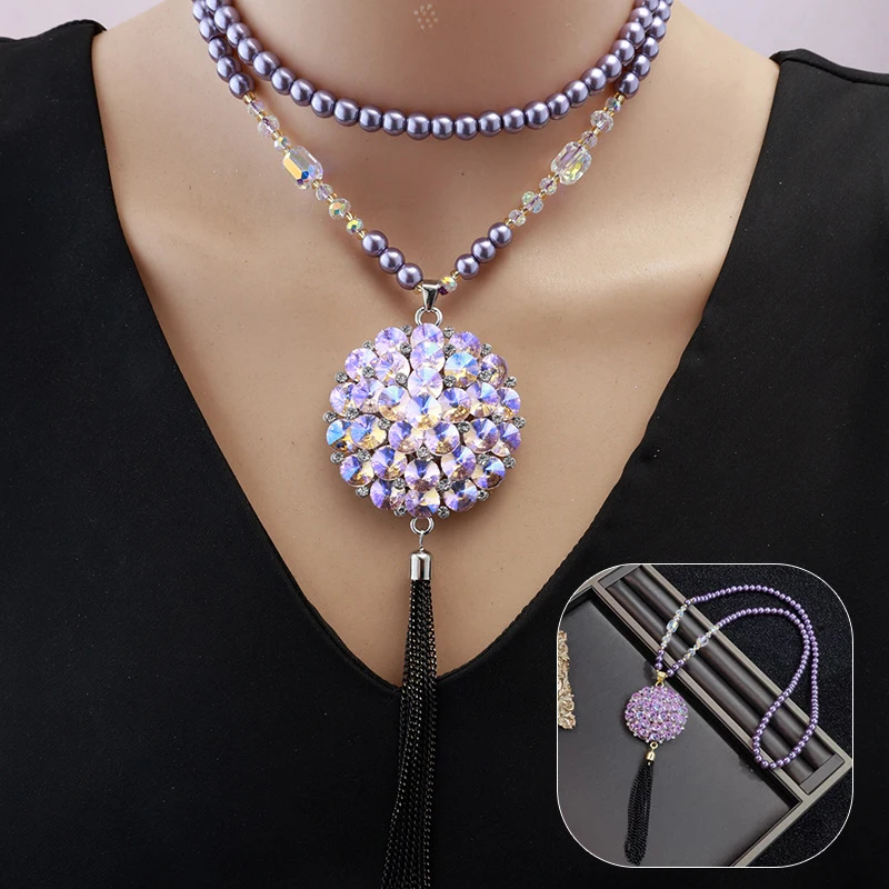 Purple Beaded Long Temperament Versatile Accessories Pendant Necklace For Women Simple Sweater Chain