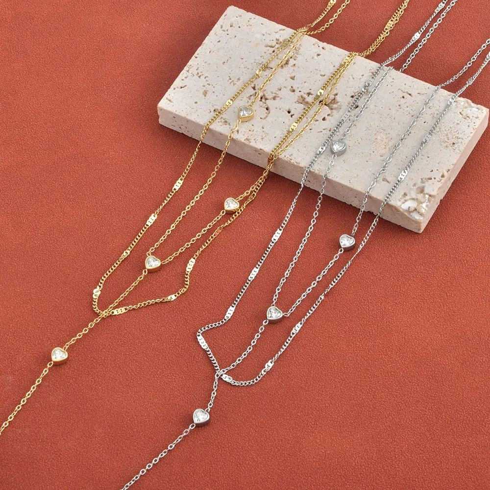 Lokaer Edelstahl-Halskette mit zartem Zirkon-Herz, Hochzeitsschmuck, doppellagige lange Kette für Damen, N26021