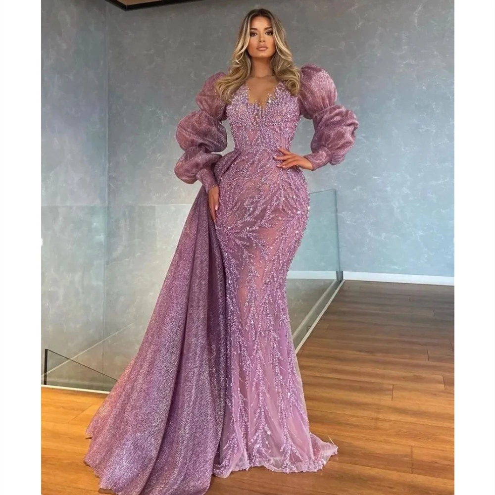 Purple Sparkling Prom Dress Long Sleeves Satin Lace Sequins Mermaid Evening Dresses Custom Made Gown