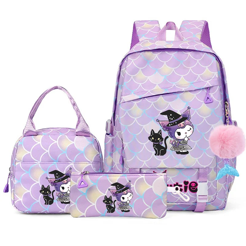 

Детские рюкзаки Kuromi My Melody с рыбьей чешуей, 3 шт., с подвеской в виде русалки, школьная сумка для обеда, детская школьная сумка для девочек, комплекты