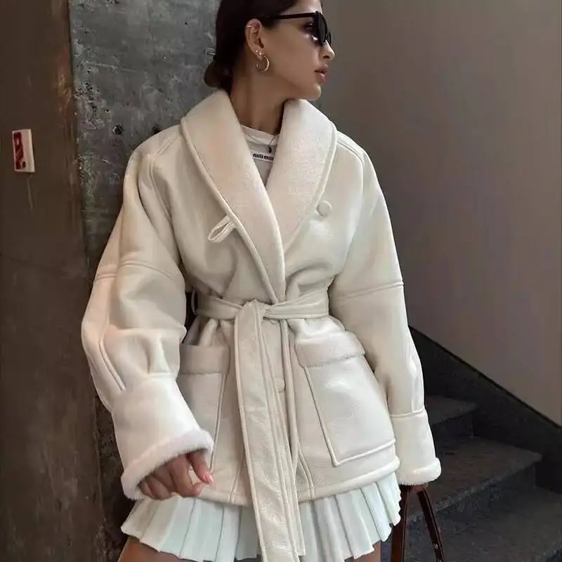 جديد فضفاض الشارع جهين معطف من جلد الغزال المرأة الدافئة الاصطناعي عادية الشتاء المرأة بولي Leather سترة جلدية