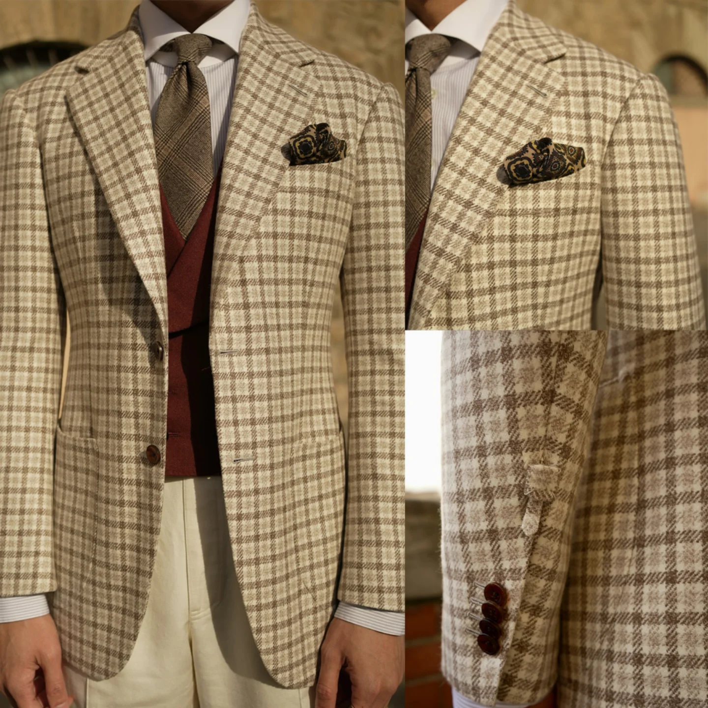 

Plaid Wool Men's Blazer Suit Single Breasted Notch Lapel Formal Wedding Groom Wear Tuxedo Jacket High Quality Customized