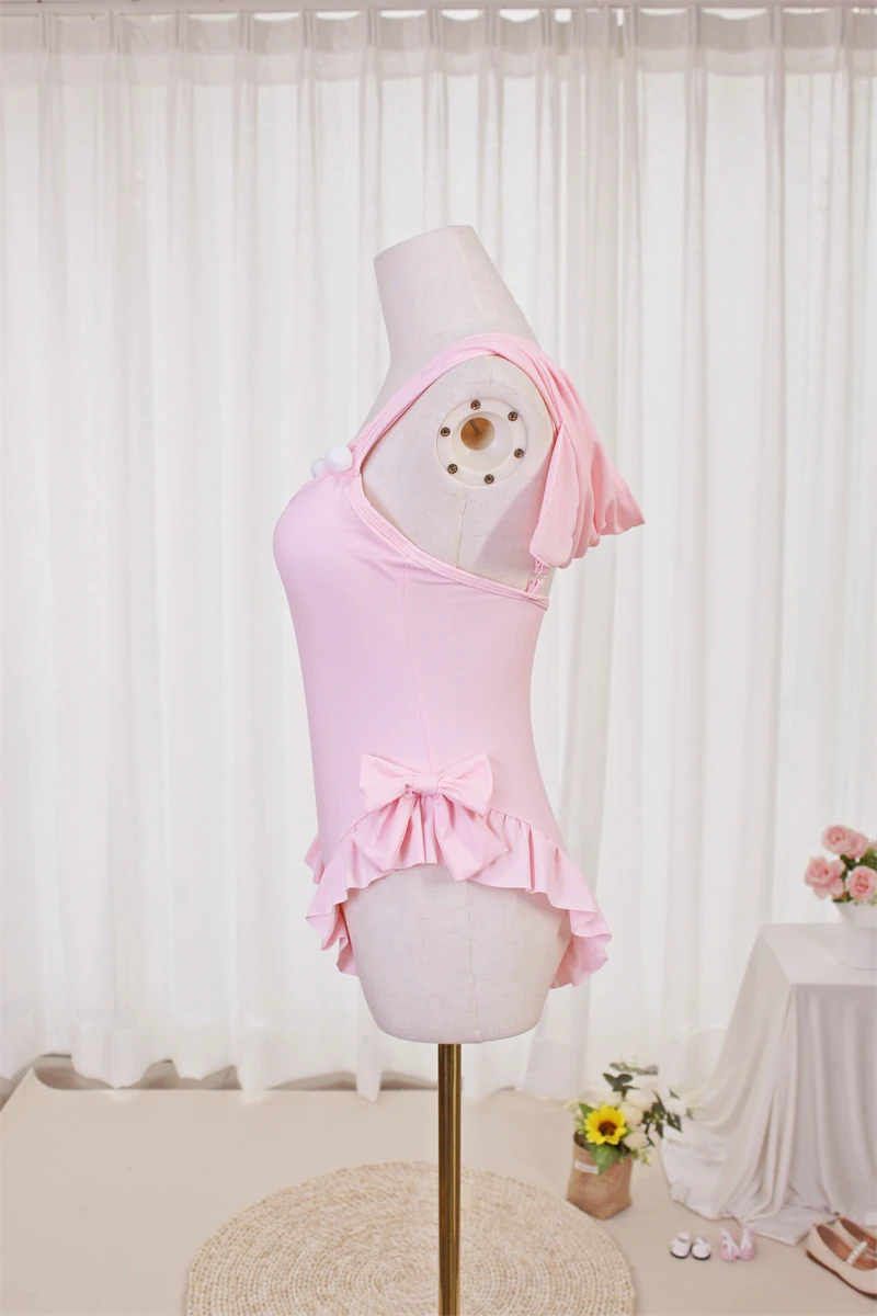 Costume da bagno intero Kawaii donna costumi da bagno dimagranti rosa 2022 vita alta Sexy Anime Cosplay body gatto orecchio costume da bagno con cappuccio