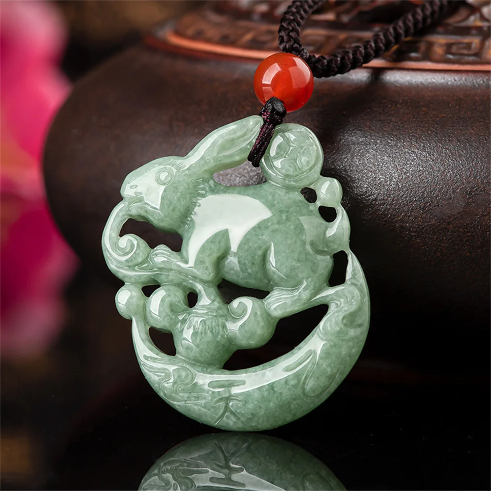 

Natural Grade A Jadeite Carved Green Hollow Moon Rabbit Lucky Pendant Amulet Necklace Certificate Charm Jade Gift Jewelry