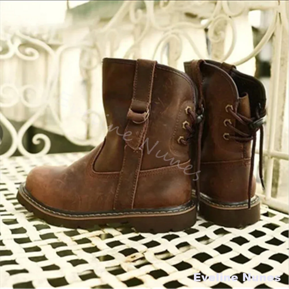 Vintage Women Distressed Brown Leather Biker Boots Round Toe Back Lacing Lug Sole Motorcycle Boots Casual Mid Calf Work Boots