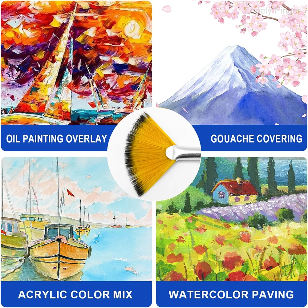 5 قطع من فرش المروحة، فرشاة طلاء للرسم بمقبض خشبي، مجموعة فرش شعر من النايلون لزيت الأكريليك والألوان المائية