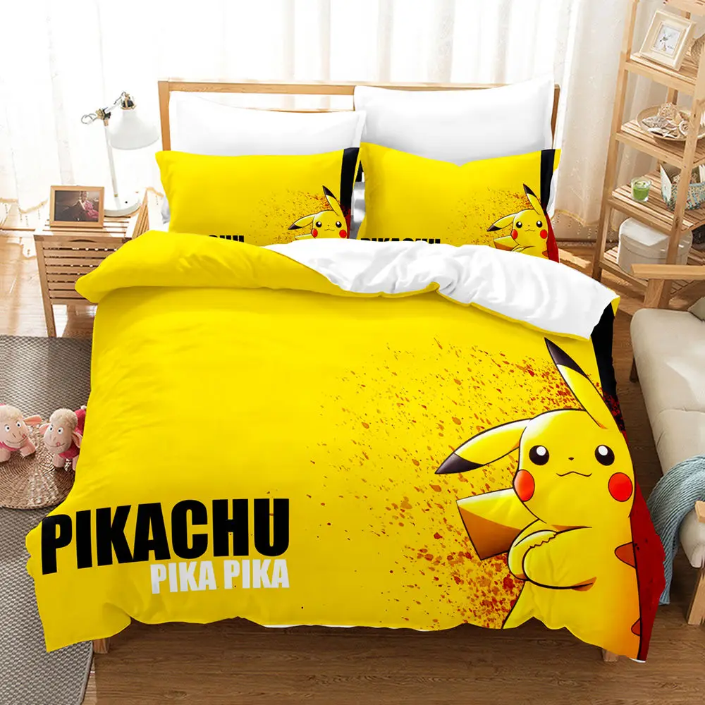 Kawaii Pokemoned Cartoon Anime Bedding Set Pikachu Gengar Eevee Charizard Quilt Duvet Cover Pillowcase Kid Bed Set Twin Size