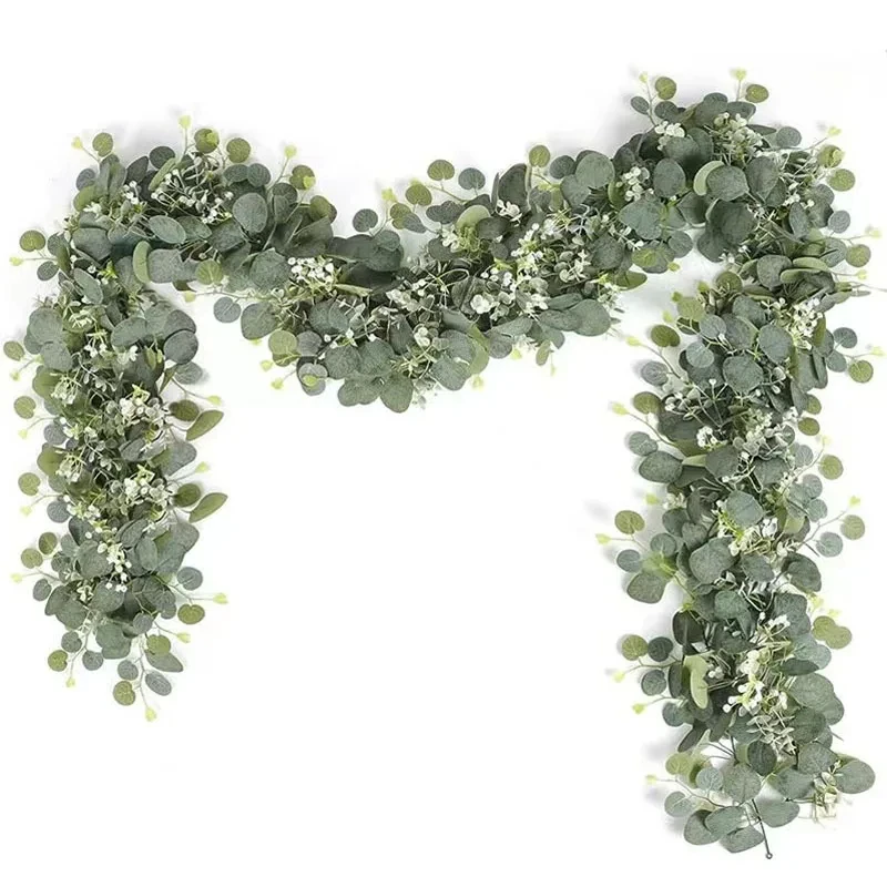 1 Stück künstliche Eukalyptusblätter, grüne Girlande, künstliche Pflanzen, Frühlingsreben mit weißen Blumen, Beeren für Hochzeit, Zuhause, Party, Deko – Detail 3