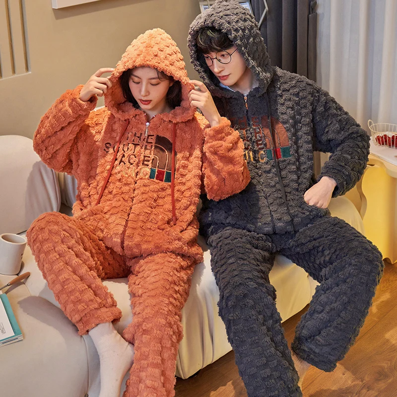 Cartoon Cute Winter Warm Flannel Nightwear for Couple Zipper Cardigan Home Clothes Women and Men Matching Pijamas Big Size M-3XL