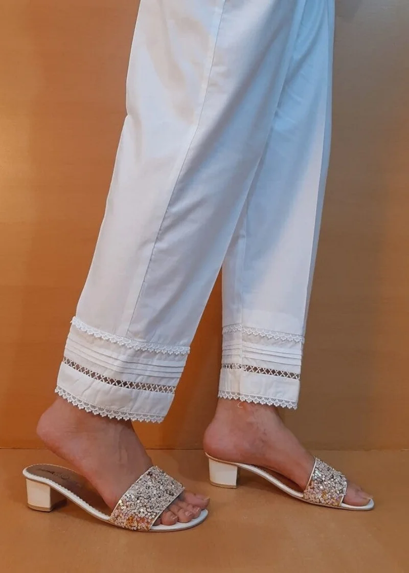 Pakistan Summer Cotton Women's Casual Trousers  Lace White Straight Leg Pants  Elastic Waistband Solid White Color